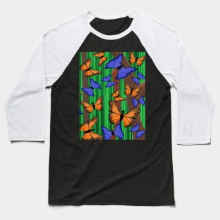 Blue and Orange Butterflies with Abstract Trees and Grass Baseball T-Shirt